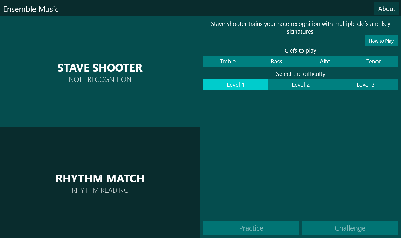 Stave Shooter and Rhythm Match are the two games available. Both have a wide variety of options and difficulty levels.
