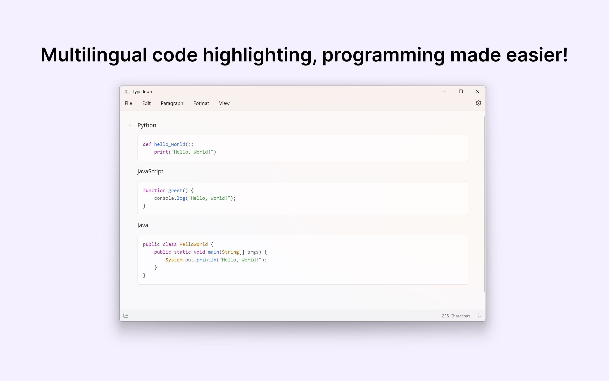 Multilingual code highlighting, programming made easier!