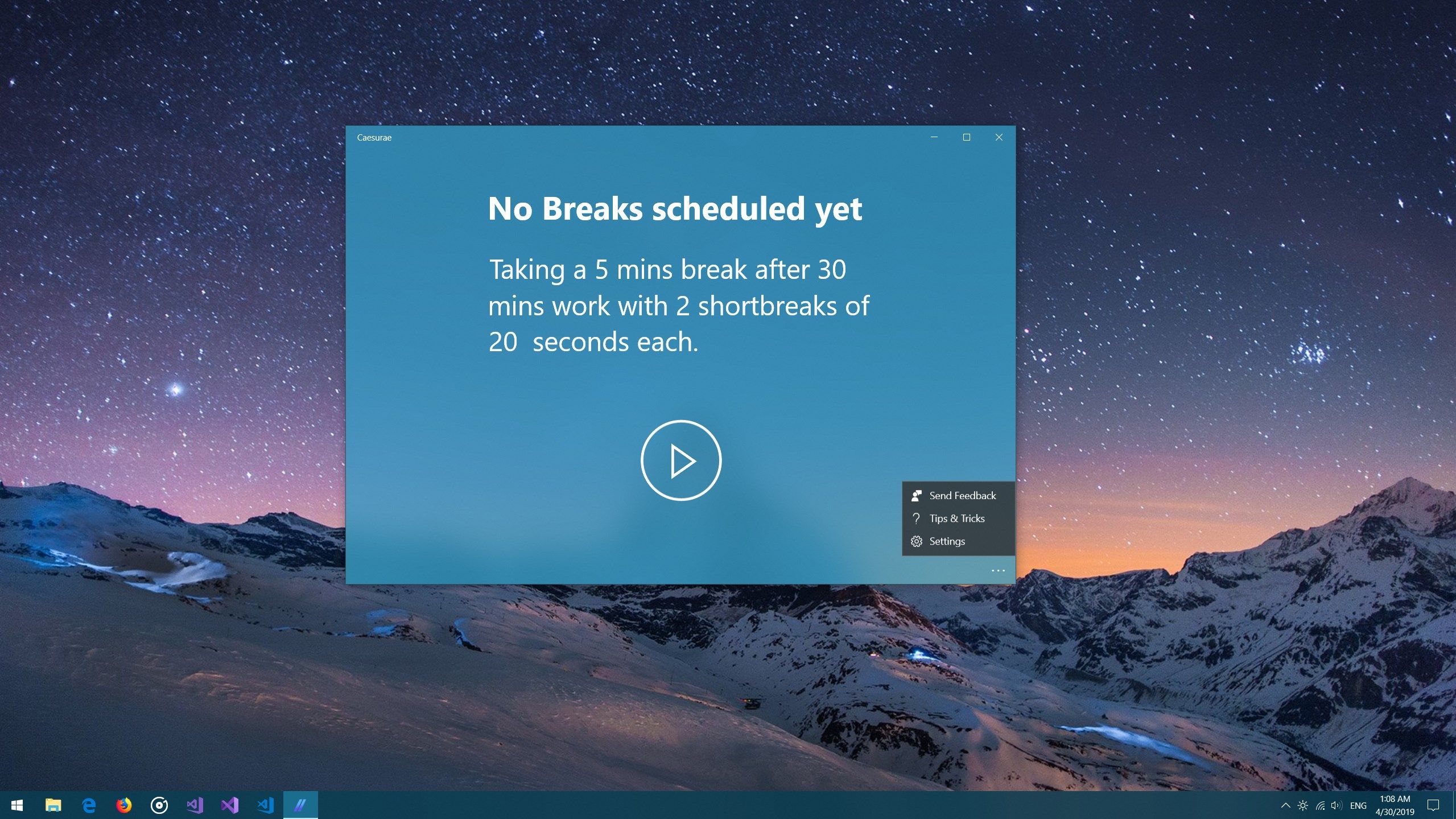 Start a work cycle with breaks scheduled.