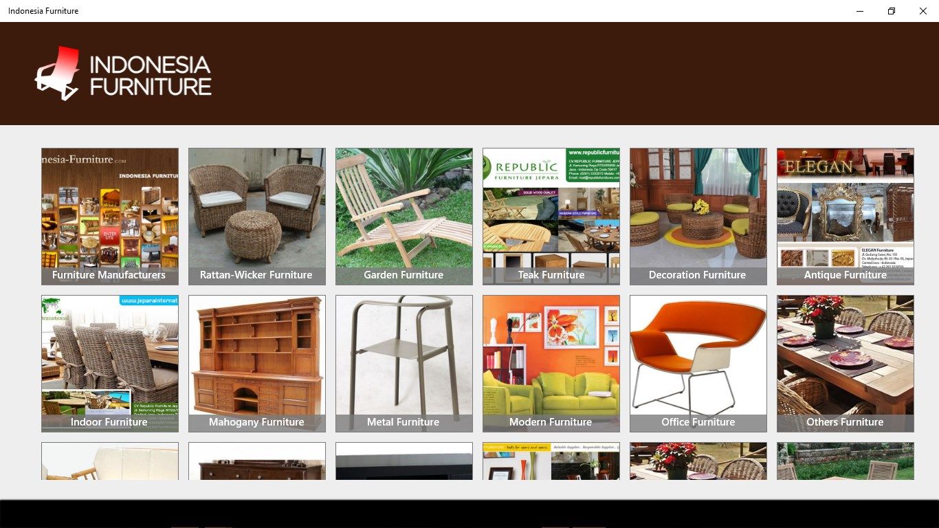 Main Menu shows the main of the countains on this application, available with more than 10 categories of any furnitures that are available to sell.