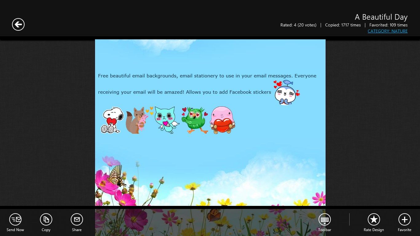 Preview email background, you can write message and insert Facebook stickers