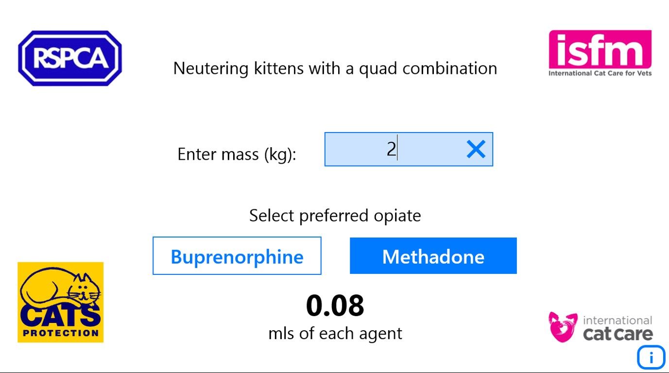 Allows UK vets to calculate doses of an unlicensed quad anaesthetic combination to carry out early neutering in kittens.