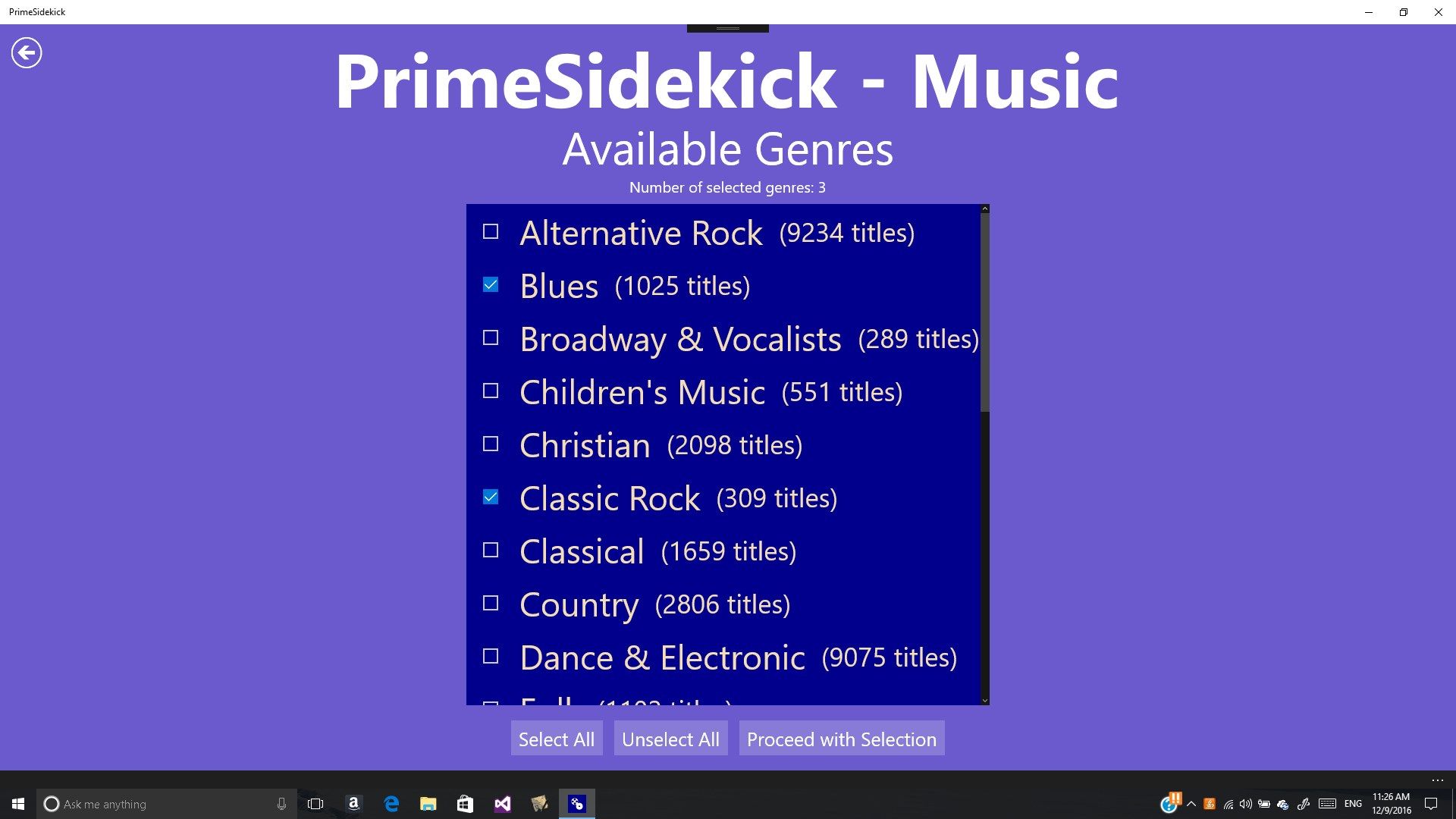 This screen allows the users to select the Amazon Prime Music genres they are interested in.
