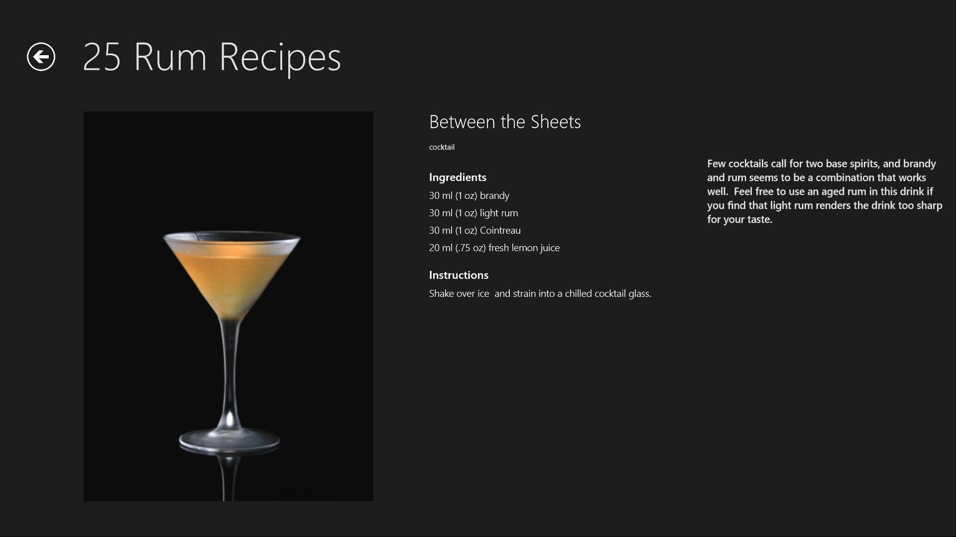 For each cocktail, view a large hi-def image, ingredients list and directions