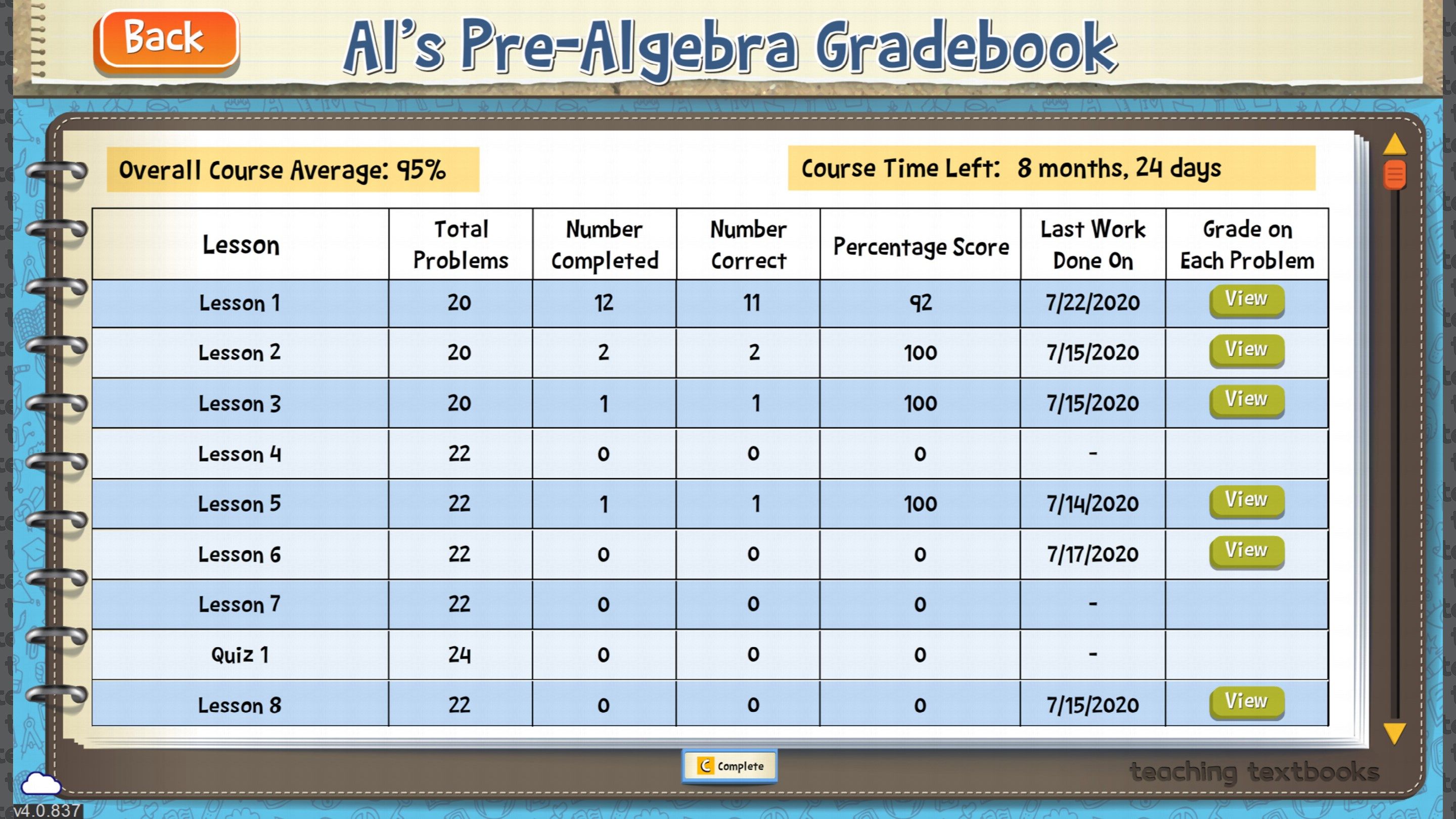 The Gradebook shows the details of the student's progress through the course. As the parent, you can edit the Gradebook, or print it for your records.