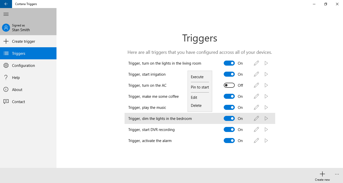 Example list of triggers