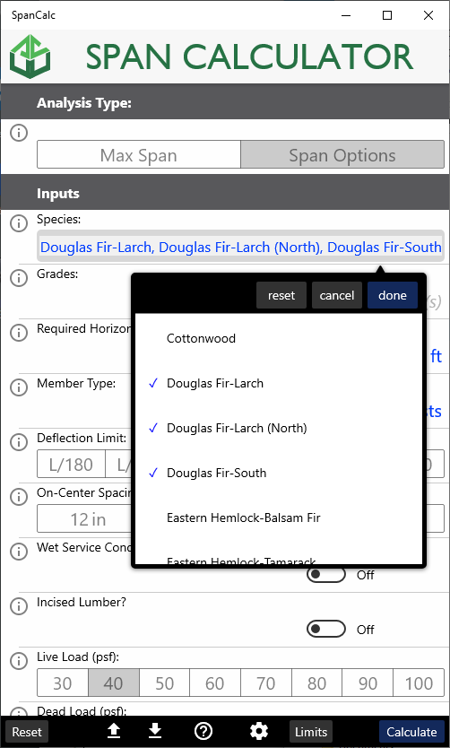 Span Options analysis type allows you to select from multiple Species.
