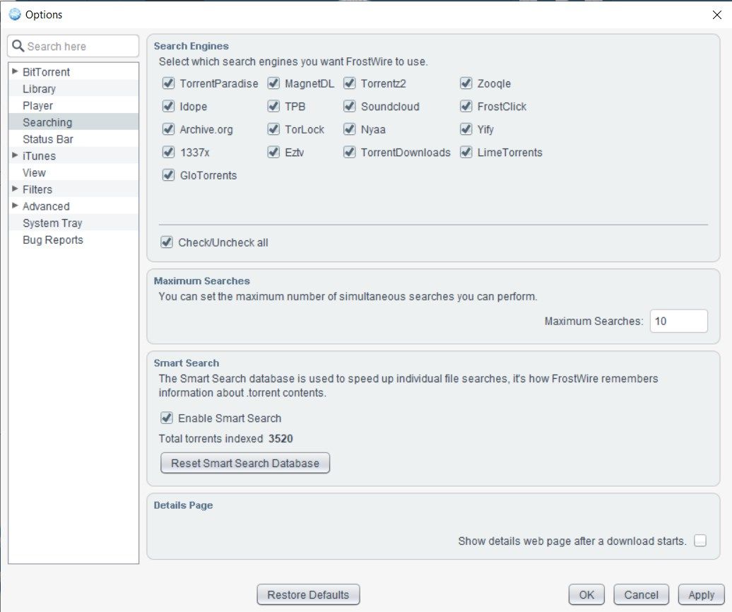 FrostWire Search Sources and settings