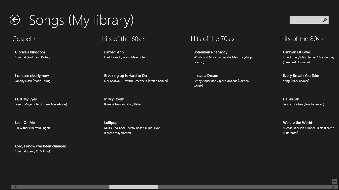 Alternatively, the songs can be grouped by category (selectable in settings).