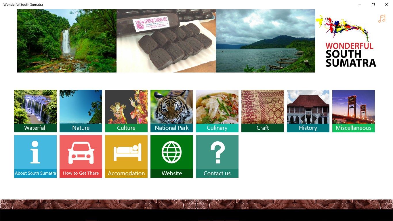 This application has many interesting places to visit and exotic culture in South Sumatera.  This application also includes some other menus, ex. , Waterfall, Nature, culture, national park, website, and one menu to inform the transportation by clicking the "how to get there" menu.