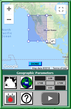 This example of an in-process query shows how to specify a custom geographic region, using the Region Identifier map and a region rectangle to define an area of the western United States. Pan the rectangle to the desired region on the map, and drag any of the eight resize handles to refine the area of choice (Use the Full Screen toggle button in the upper right corner if necessary).