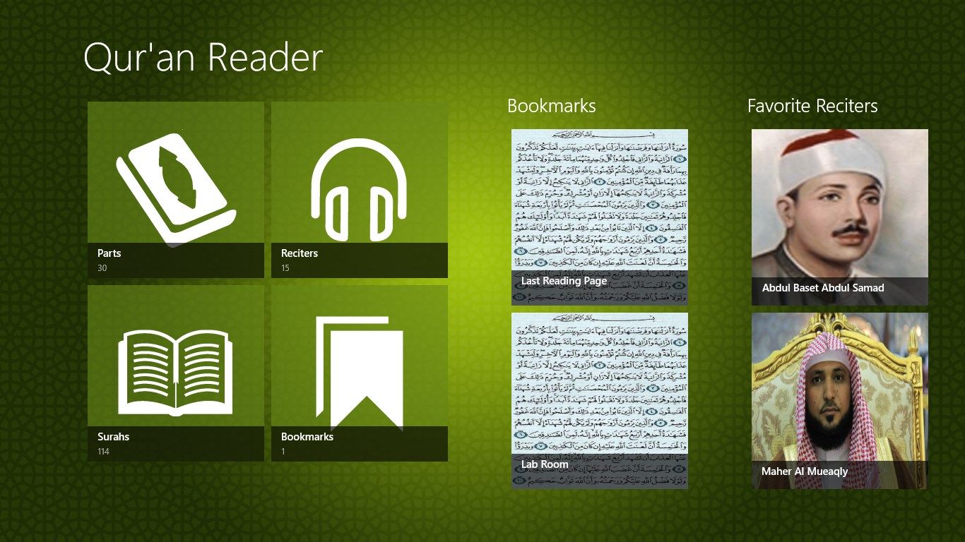 Main Page and Displays Parts, Surahs, Reciters, and Bookmarks.