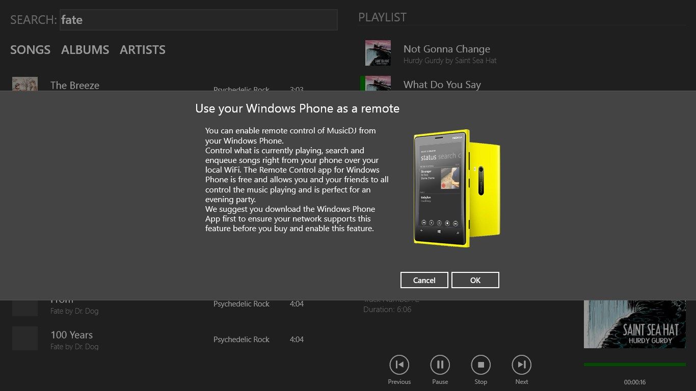 Use your Windows Phone to remote control MusicDJ.