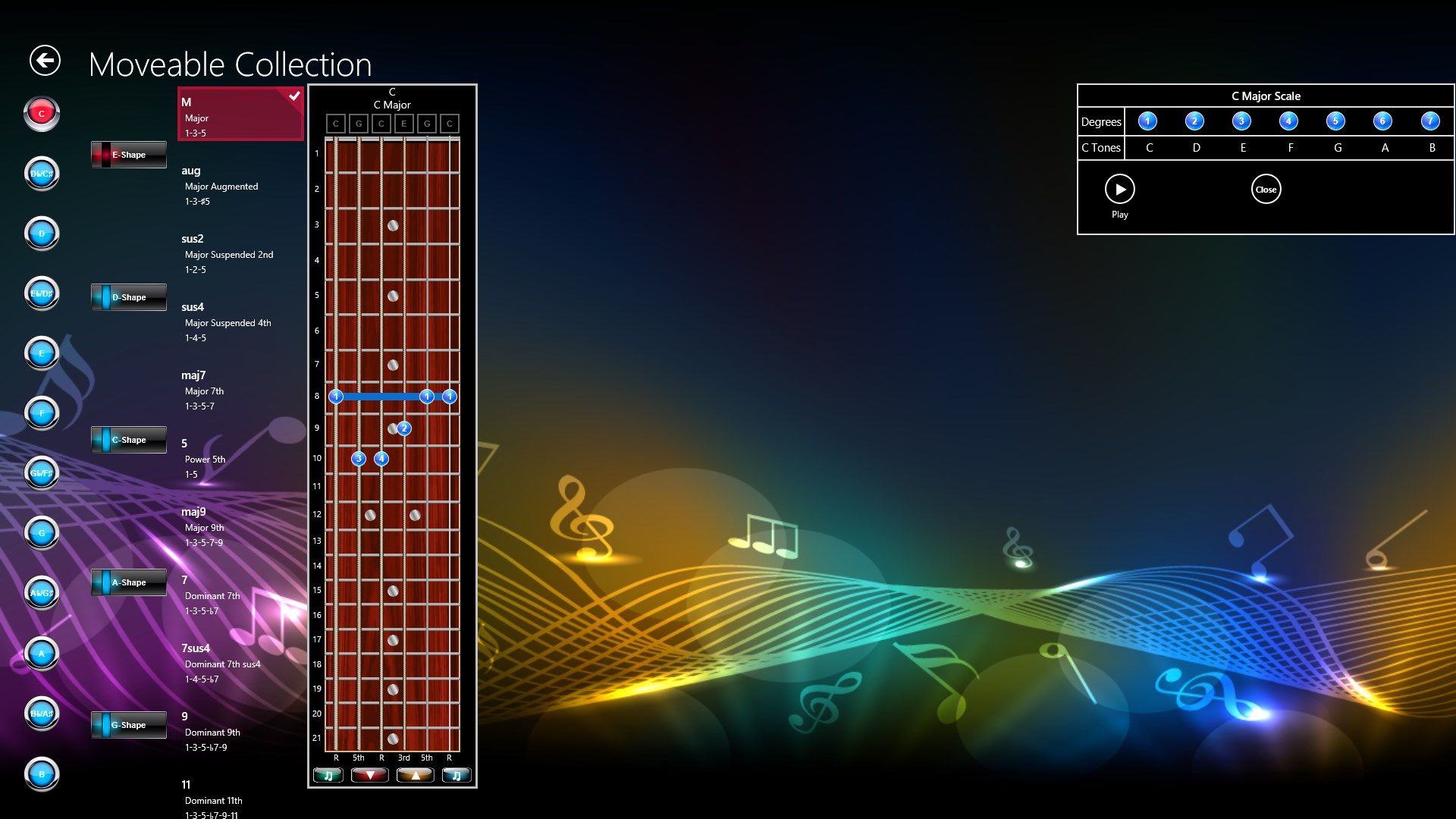 The fretboard view offers chord search by root tone and chord shape (CAGED System) and includes all of the same information and playback features as seen in the chord box views