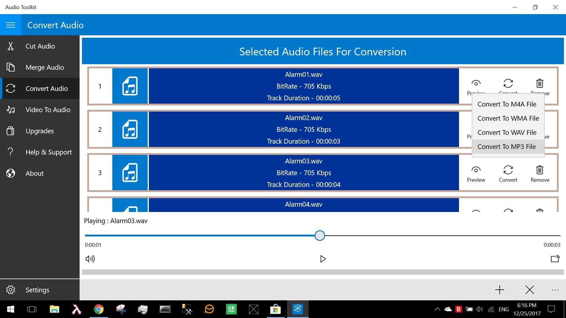 Covert audio to MP3 & different other formats with preview on demand!