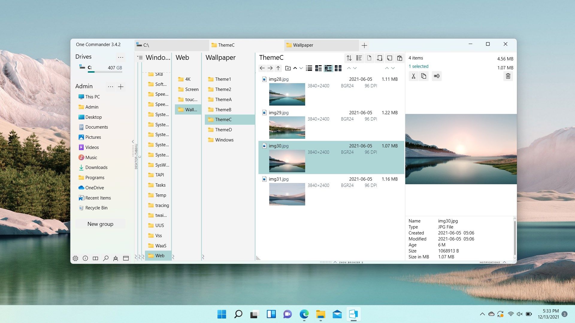 Windows 11 light theme and columns layout mode
