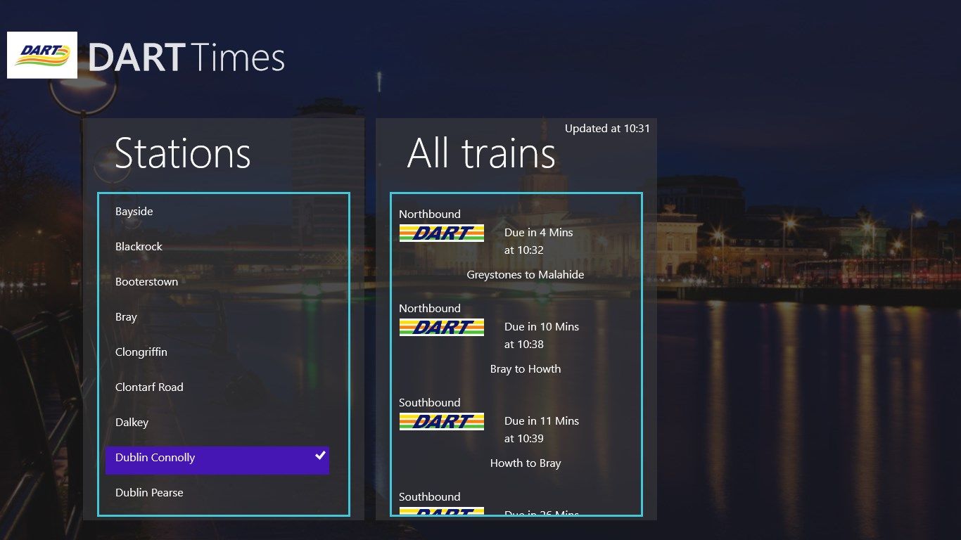 Main screen showing Dublin Connolly station selected