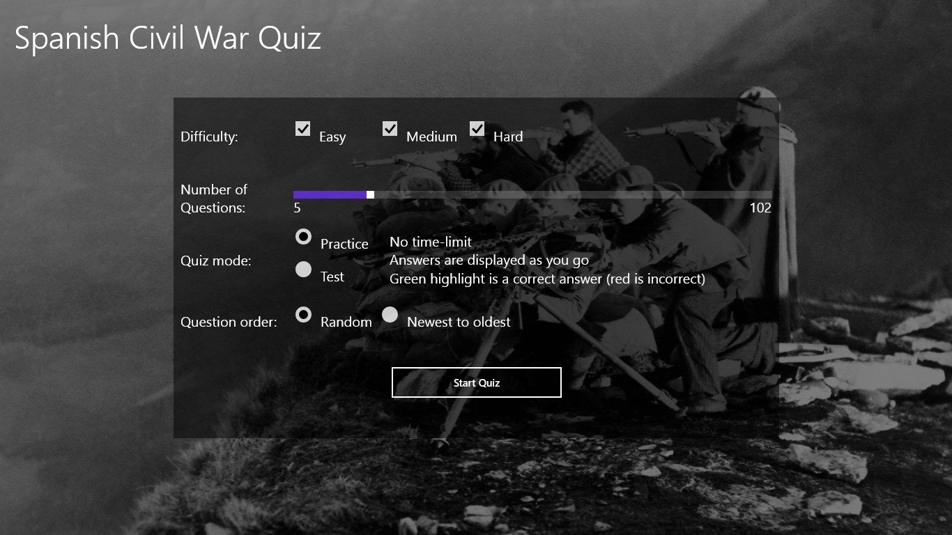 The quiz start screen is where you set the difficulty, category, number of questions and practice or test mode.
