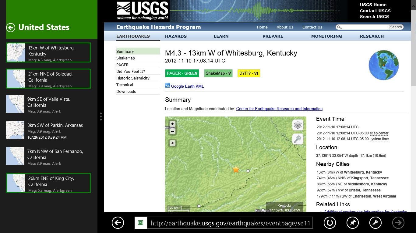 Snapped application displaying linked content from USGS.