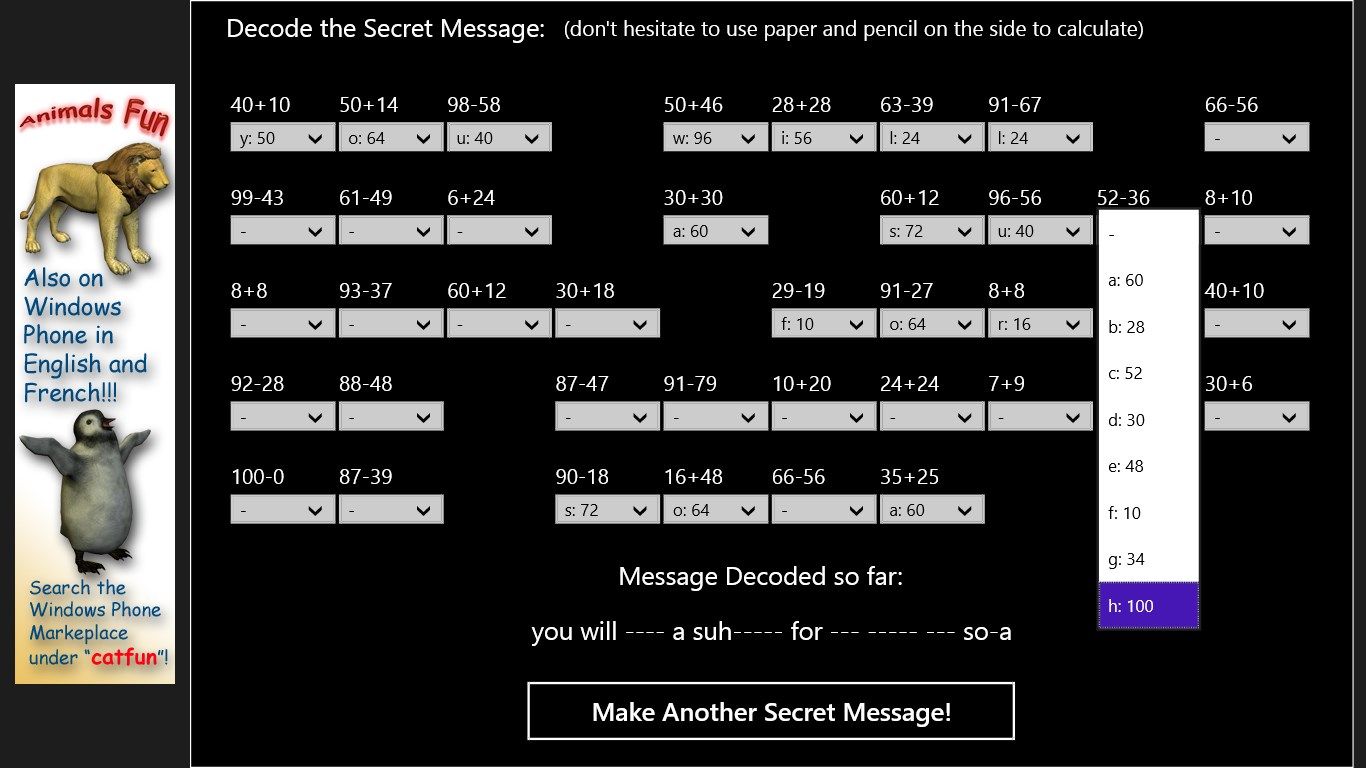 A larger part of the secret message has been decoded.