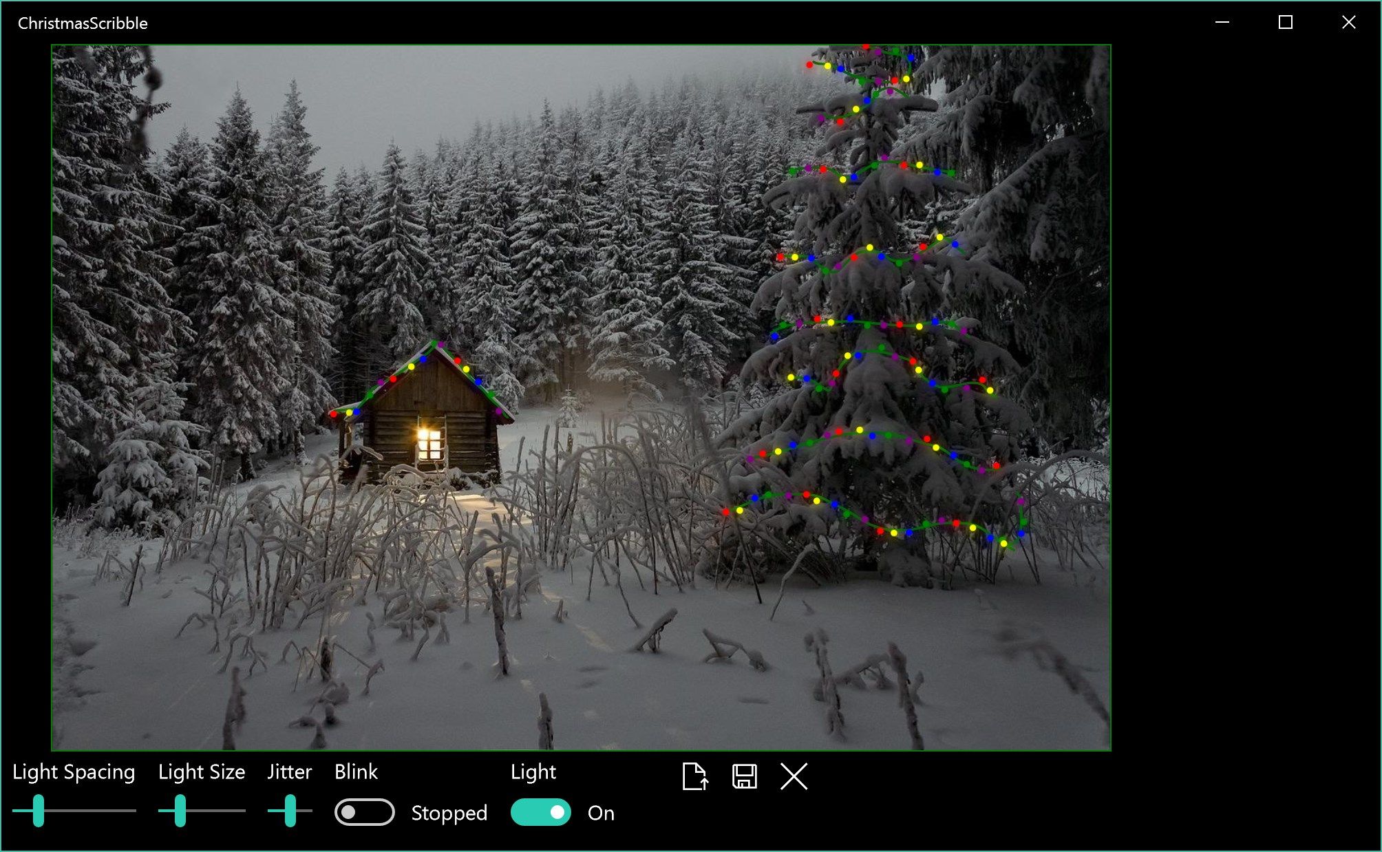 Christmas lights added to a snowy cottage scene.