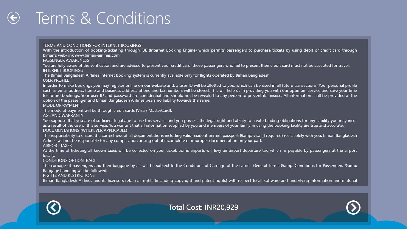 Terms and condition page for flight booking