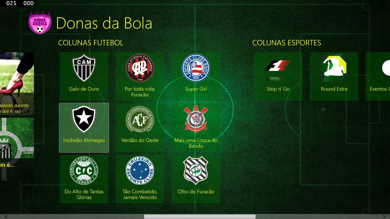 Colunas Futebol na Home do App.