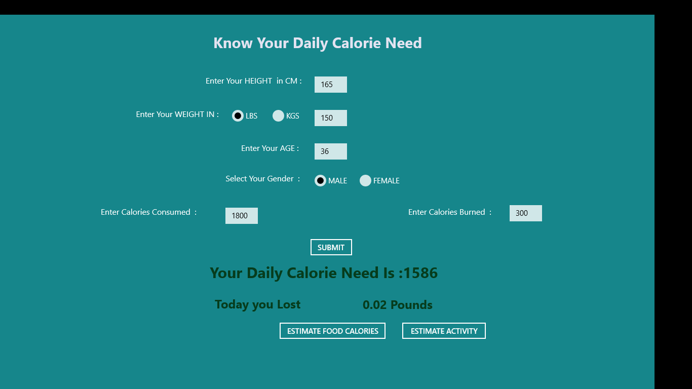 Daily Energy Calculator and Weigh Gain/Loss Predictor