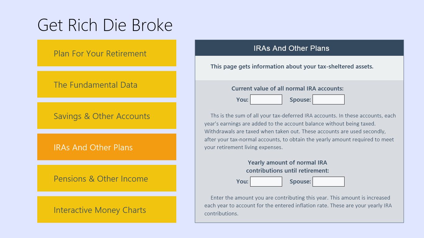 Data Entry Page for IRA And Other Tax Deferred Plans