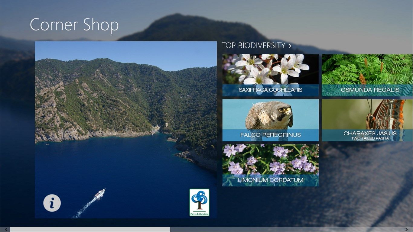 Start screen of the application, presentation of featured elements in each category: Biodiversity