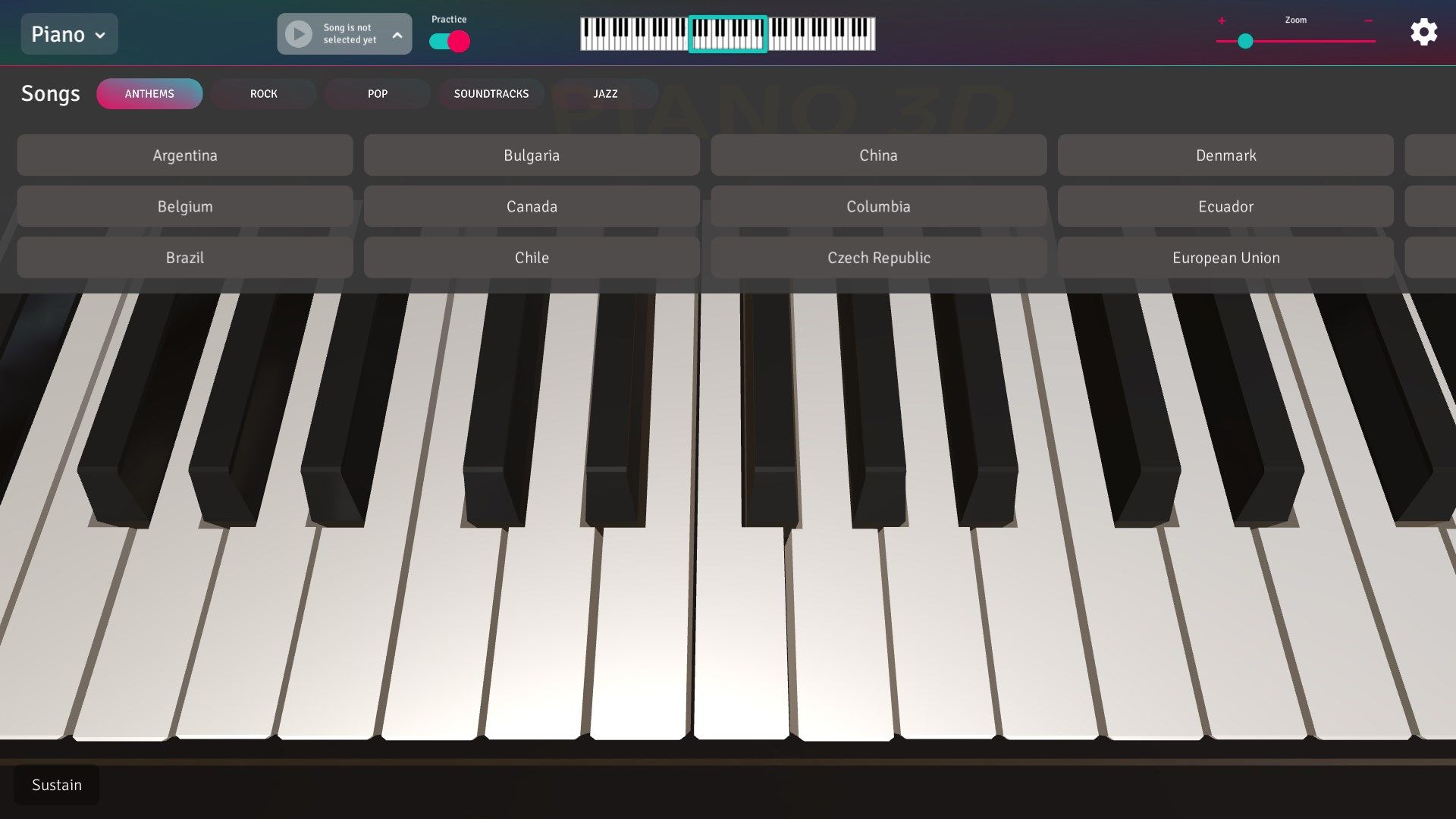 Built-in piano tutorials, including majority of national Anthems and much more!