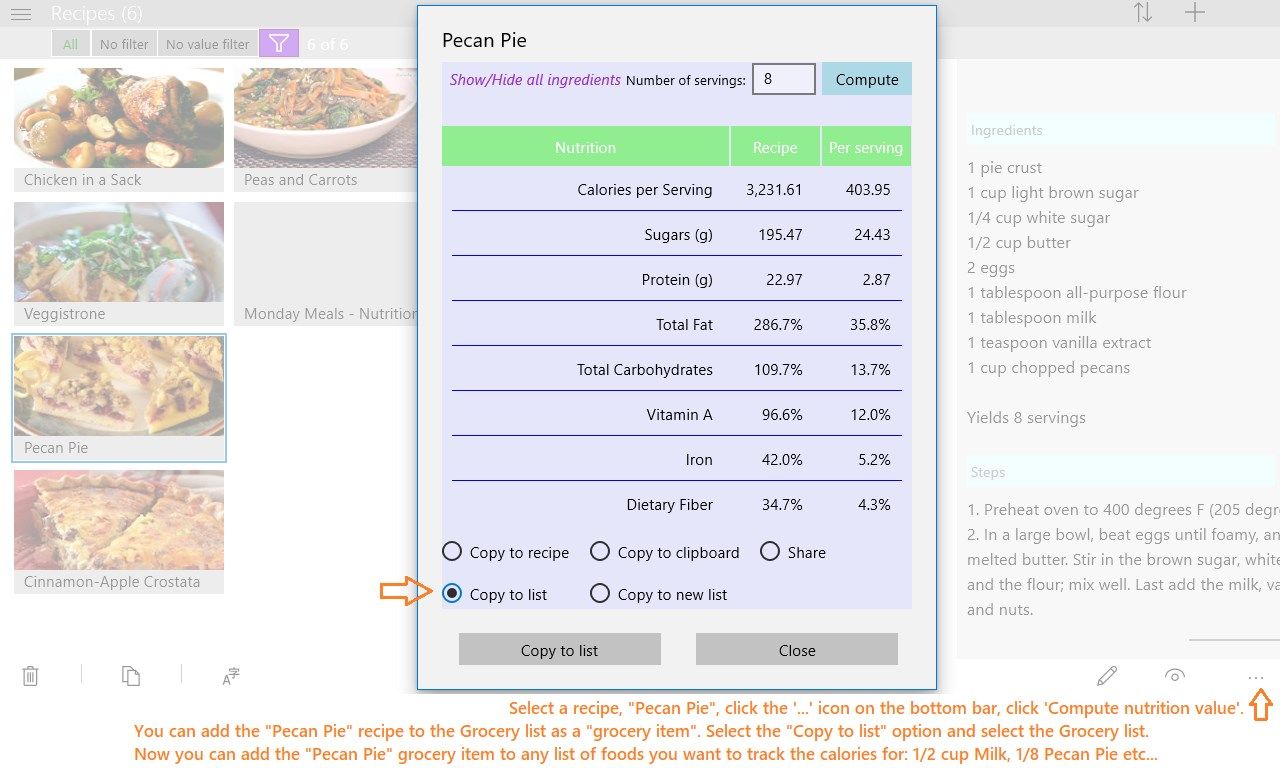 The app computes the nutritional values of any recipe. Initially the app can compute 14 nutrients. If you want to track other nutrients such as Zinc, Folate (B-9), Omega-3, you need to add 2 columns for each nutrient, a numeric column and a formula column such as "Zinc * Servings per Meal"