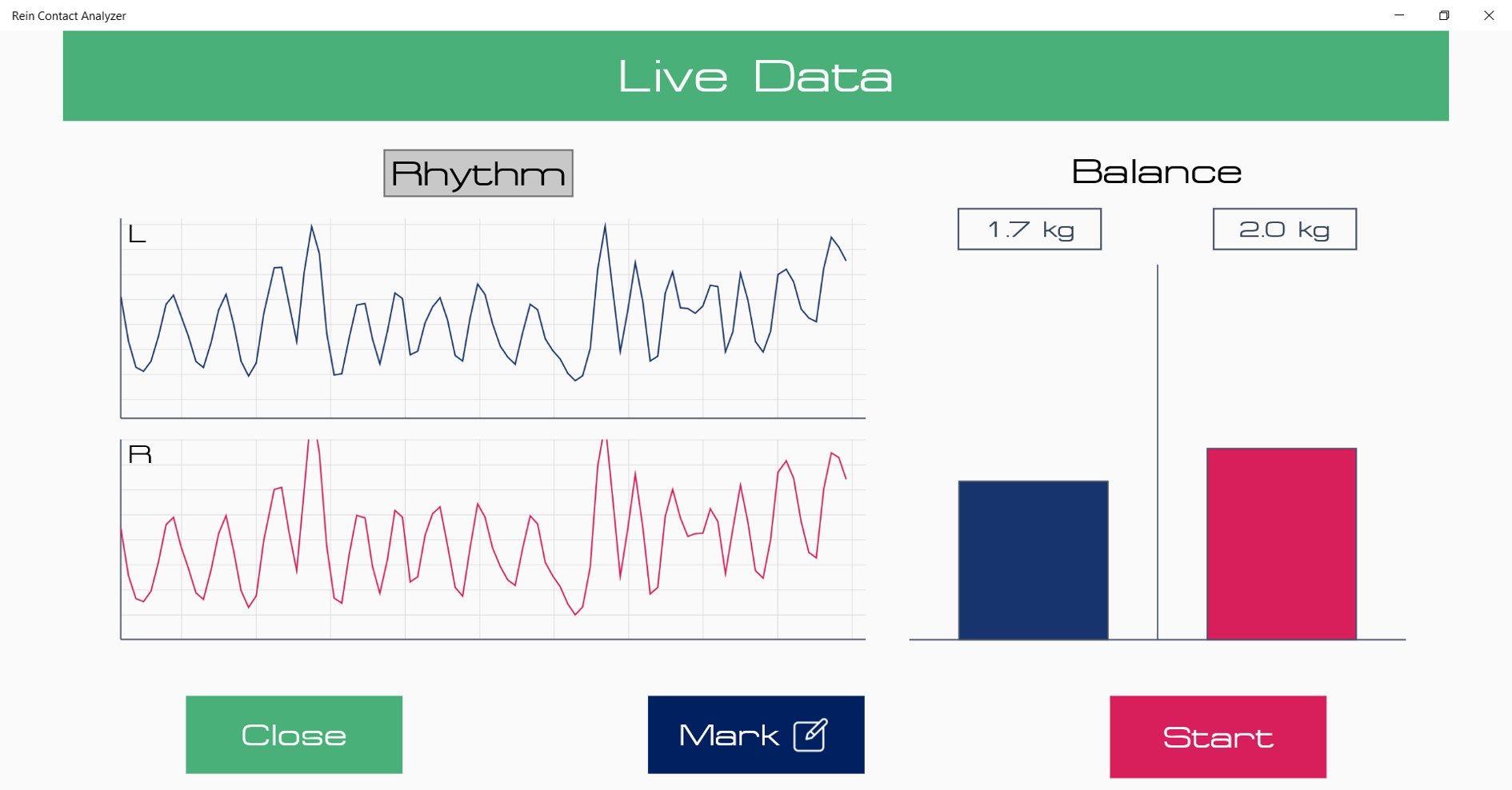 Intuitive display of rein contact Rhythm. The rider's sensitivity and connection in each hand to the motion of the horse is higher as the line traces become more like regular repeating waves.