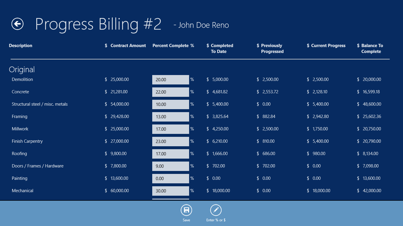 Progress Billing for a Lump Sum project - Enter percent complete or amounts for the current progress bill for each item in your contract estimate.