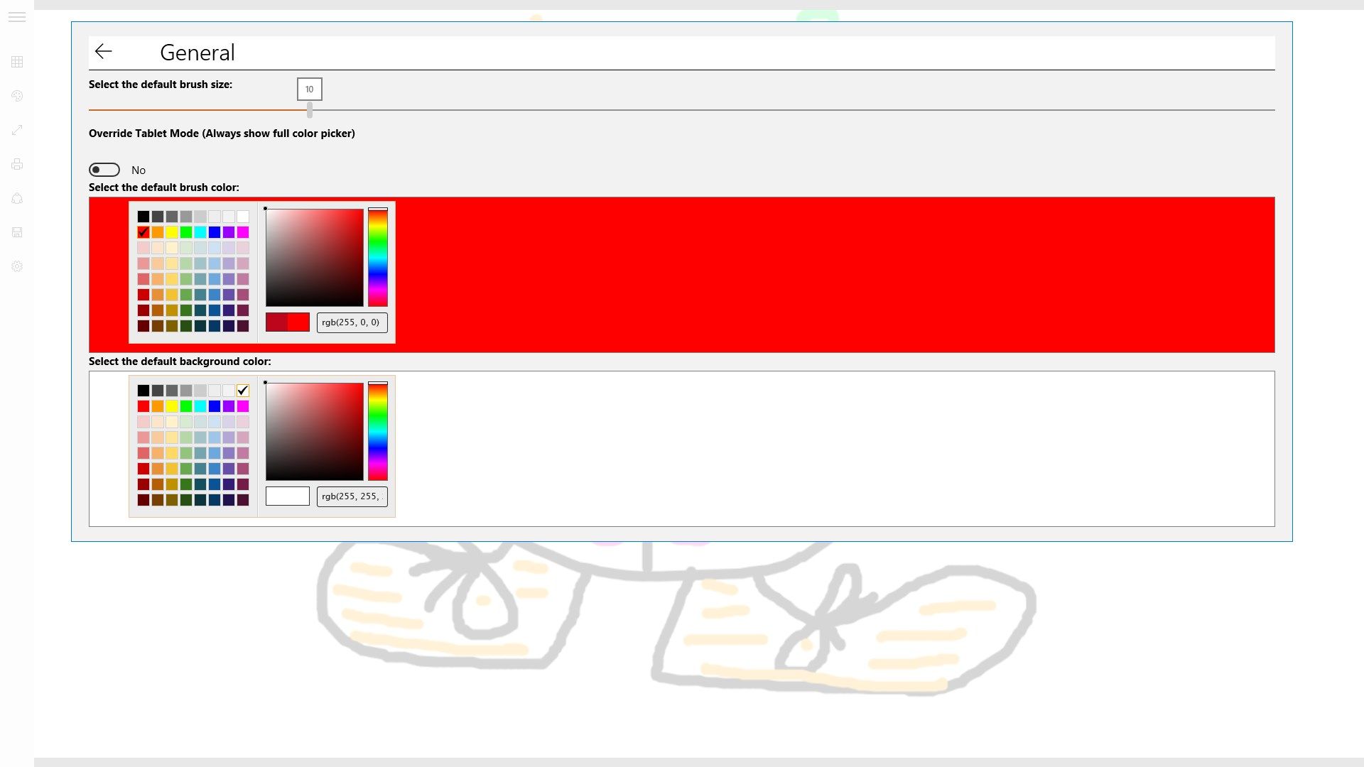 Settings allow you to specify the background color of the canvas as well as the color and size of the paint brush.