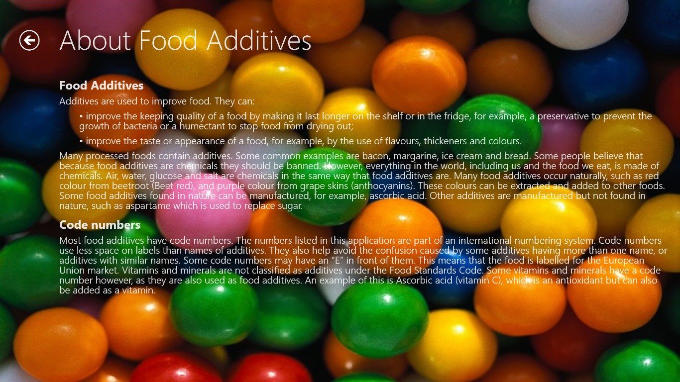 The about screen shows more details about health additives in general