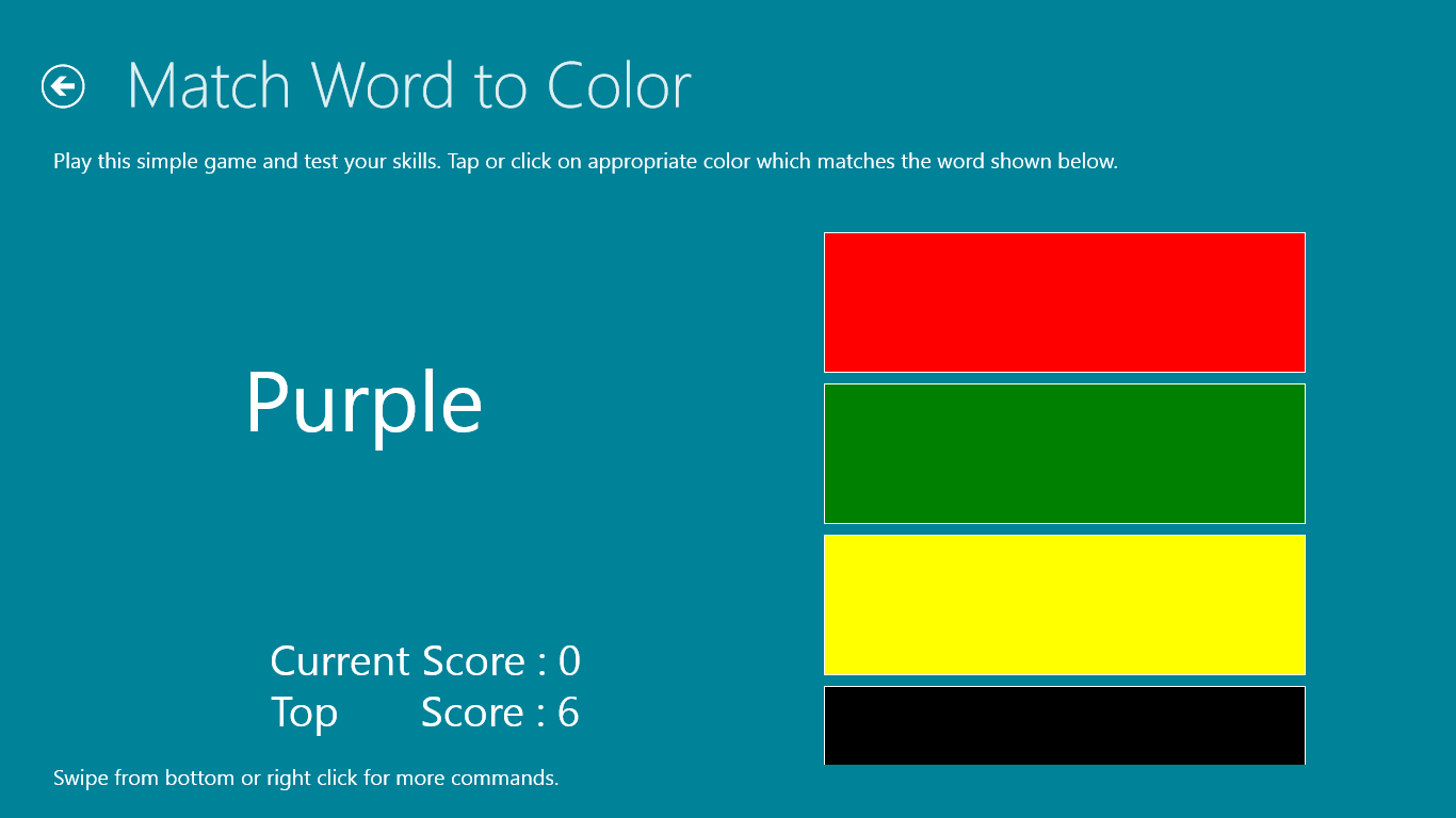 Simple game page to identify the color name and pick the correct color