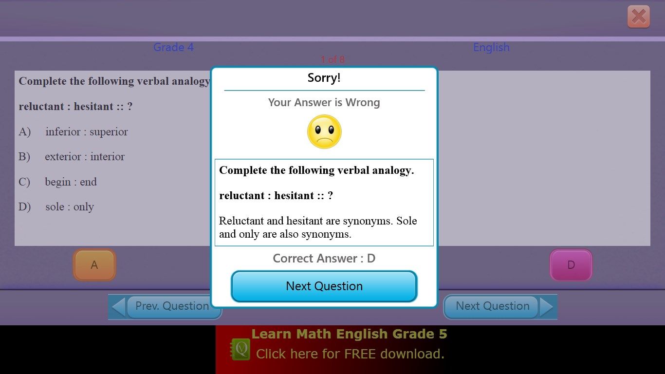English Test - Wrong Answer Screen