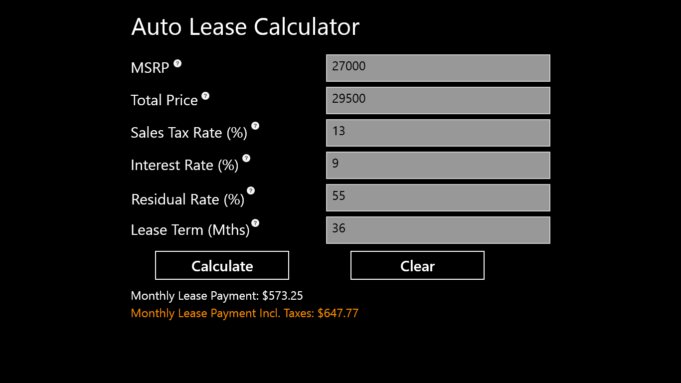 A calculated lease with sample values