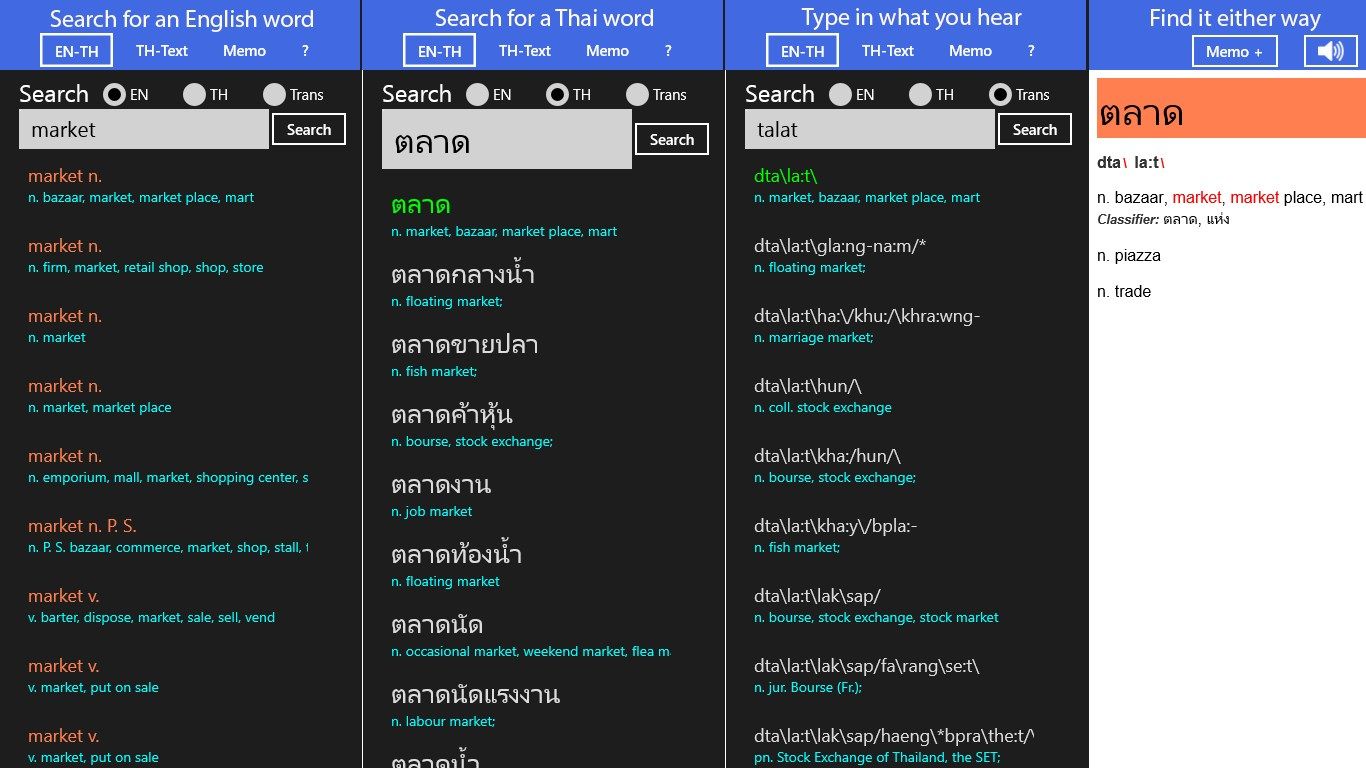 You can search for English words, Thai words, or Transcription: Type in what you hear.