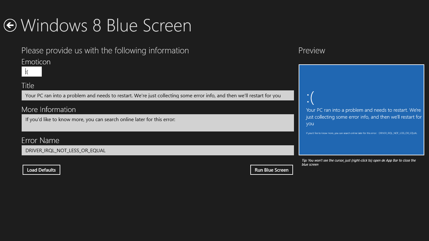 Customize the Windows 8 blue screen with the text you like, preview included