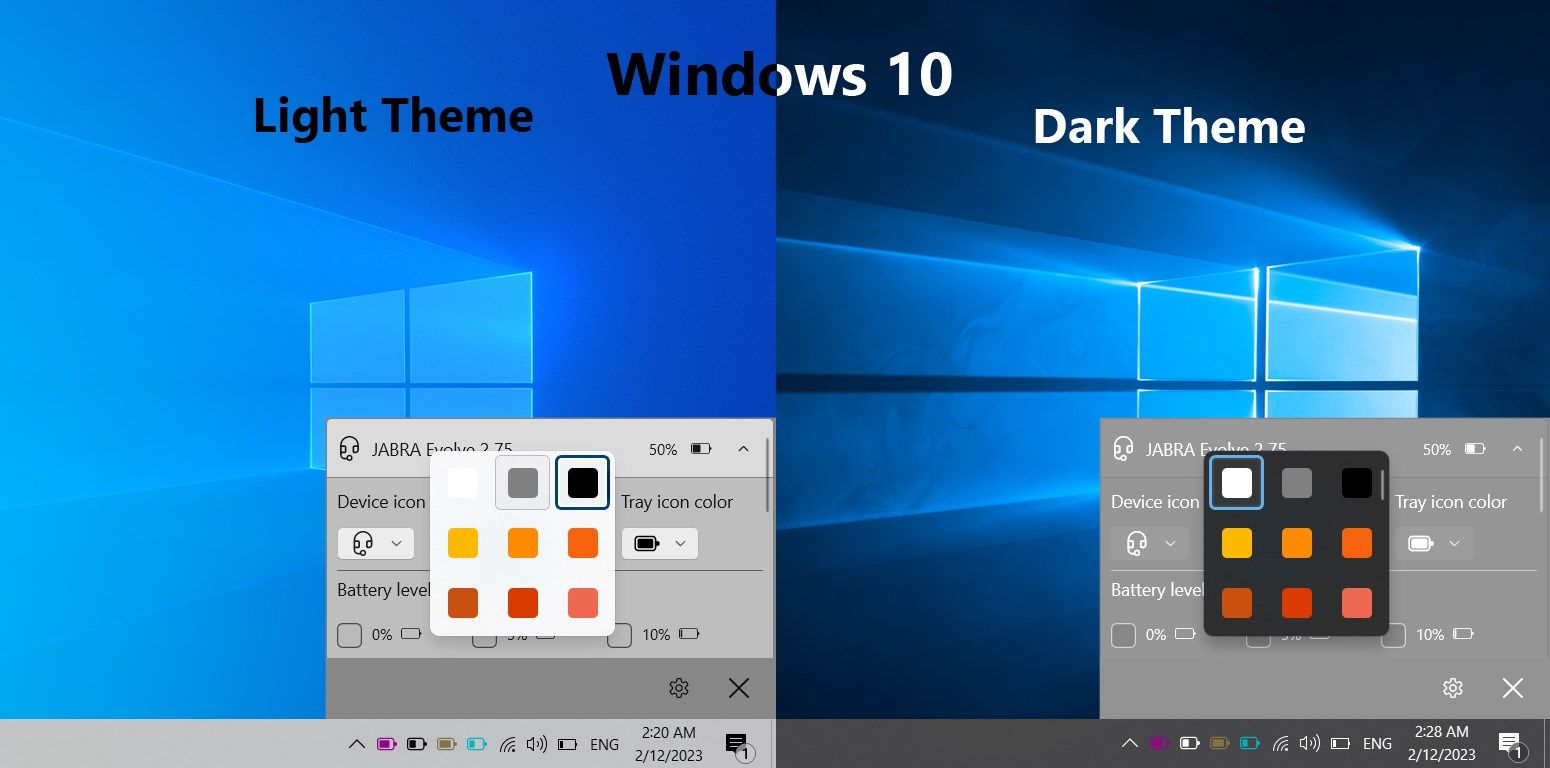 Windows 10 device configuration screen (device tray icon color options) with low resolution and DPI