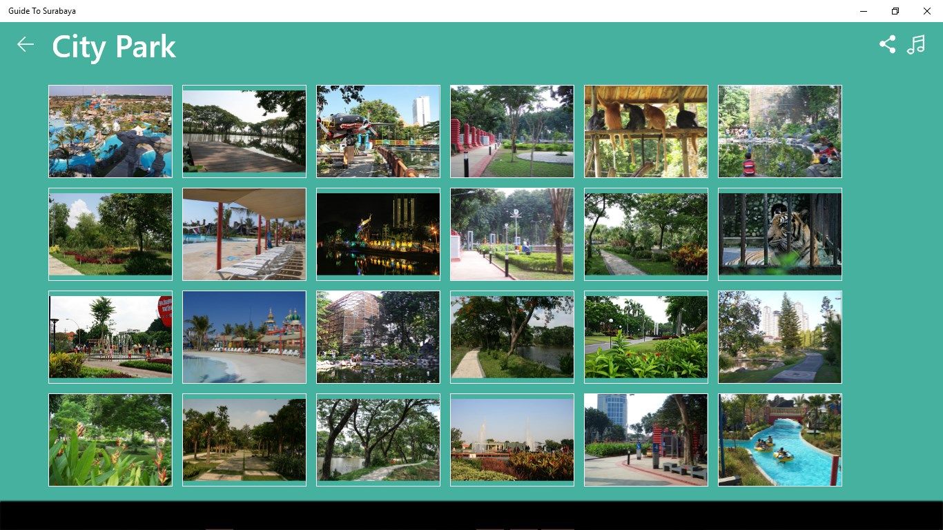 This menu shows many interesting spot places of some city parks in Surabaya, East Java. Complete with picture of beautiful parks in Surabaya.