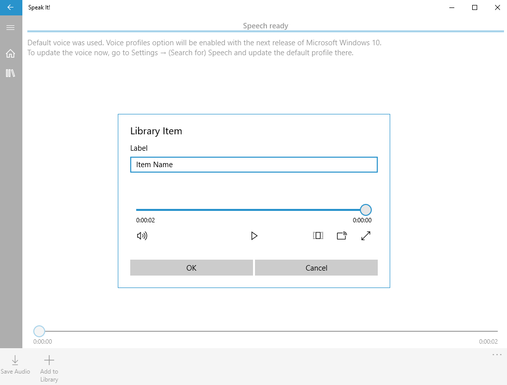 Addition to Library feature in the application, the speech rendering controls are visible in the background.