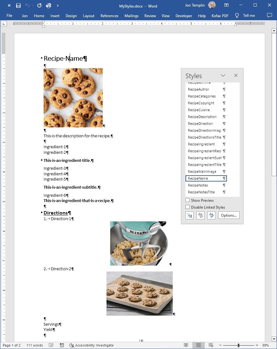 Editing a styles template which drives how recipe sections are formatted.