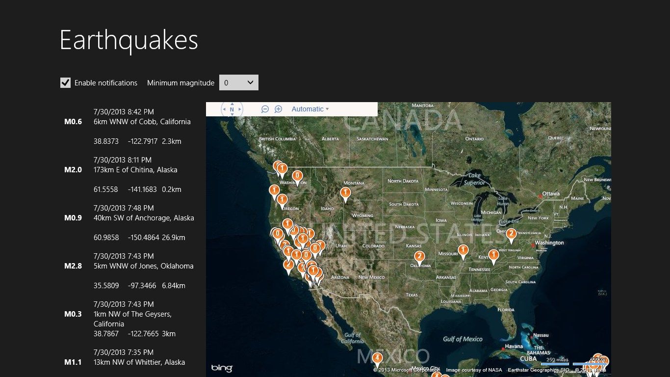 Earthquakes map view
