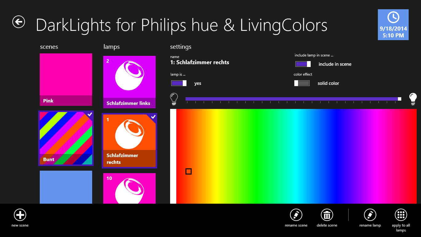 Settings for every lamp: on or off, solid color or changing colors, brightness