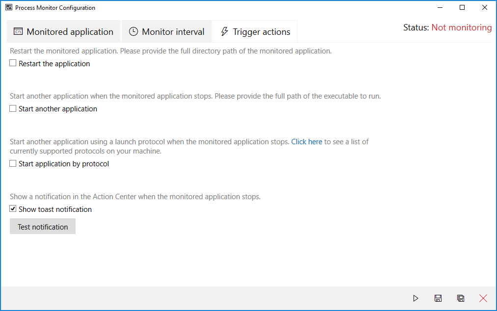 Main window: select trigger actions to perform in the selected application is no longer running