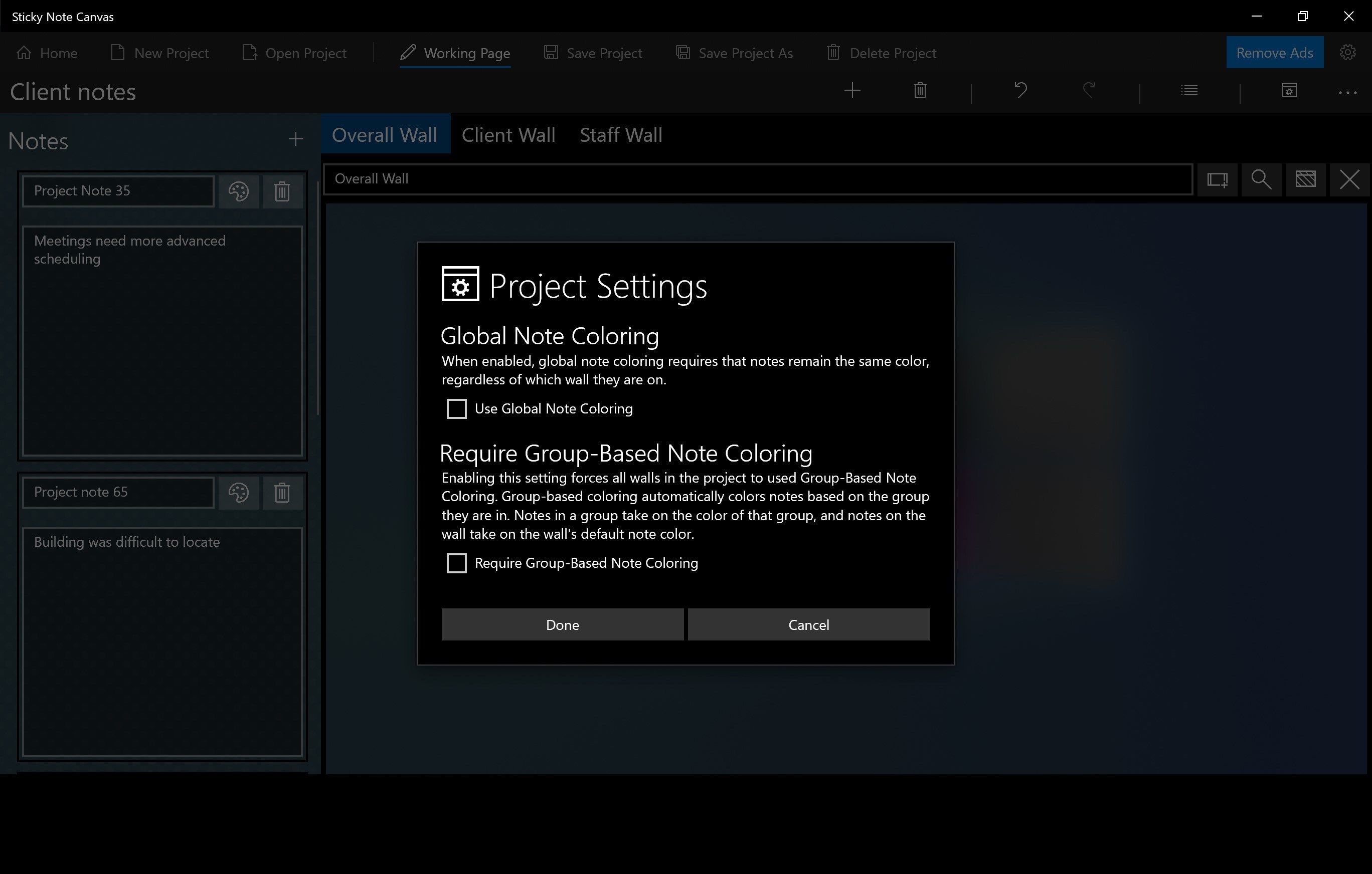 Adjust project-based settings for note and group coloring.