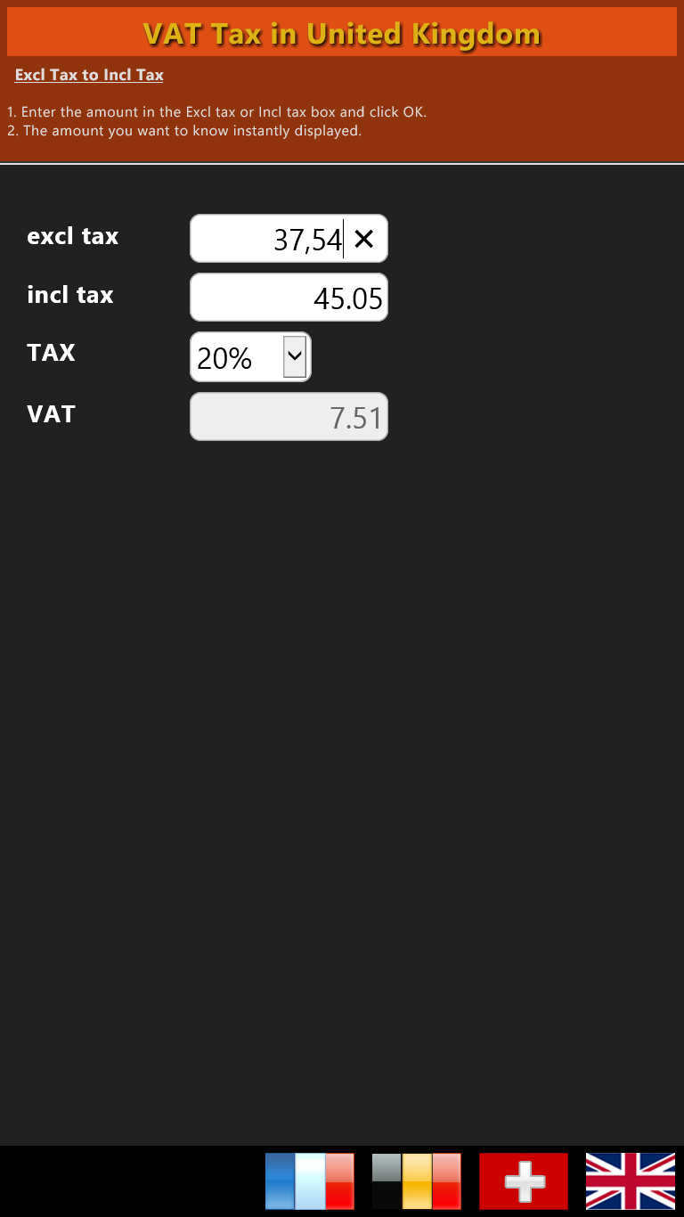 Calculatrice TVA aux taux britanniques en vigueur / Disposition verticale